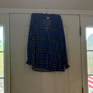 paper tee Blue Plaid V-Neck Long Sleeve Blouse